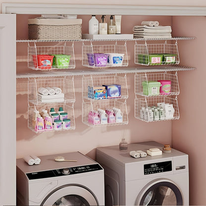 Three-Piece Hanging Wire Basket Organizer Set with Rotating Hooks in Black or White for Shelf Storage