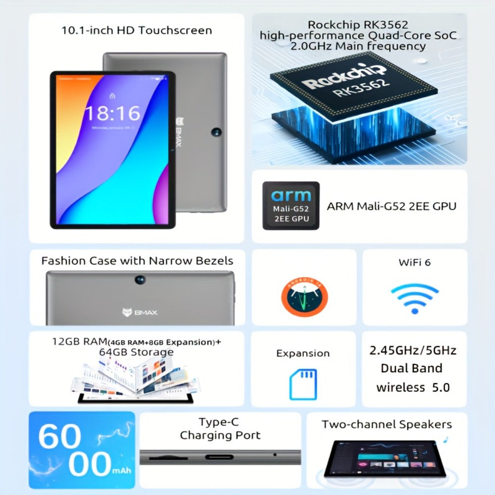 Bmax I9 Plus Tablet Android 15 10.1 Inch – 12GB RAM 64GB ROM, RK3562 Quad-Core, 6000mAh Battery, 1280x800 IPS Display, 2MP+5MP Dual Camera, Type-C, Free Case Included