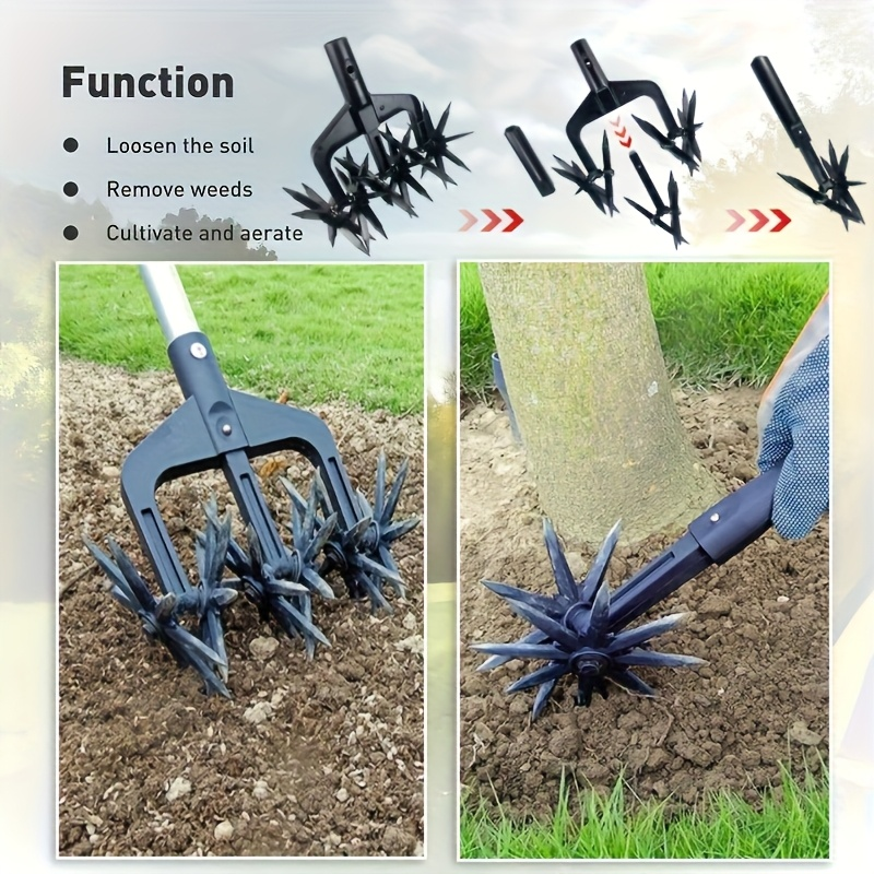 Manual Rotary Garden Cultivator Head with U-Shaped Frame and Detachable Star-Shaped Tine Wheels