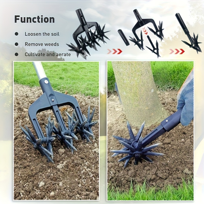 Manual Rotary Garden Cultivator Head with U-Shaped Frame and Detachable Star-Shaped Tine Wheels