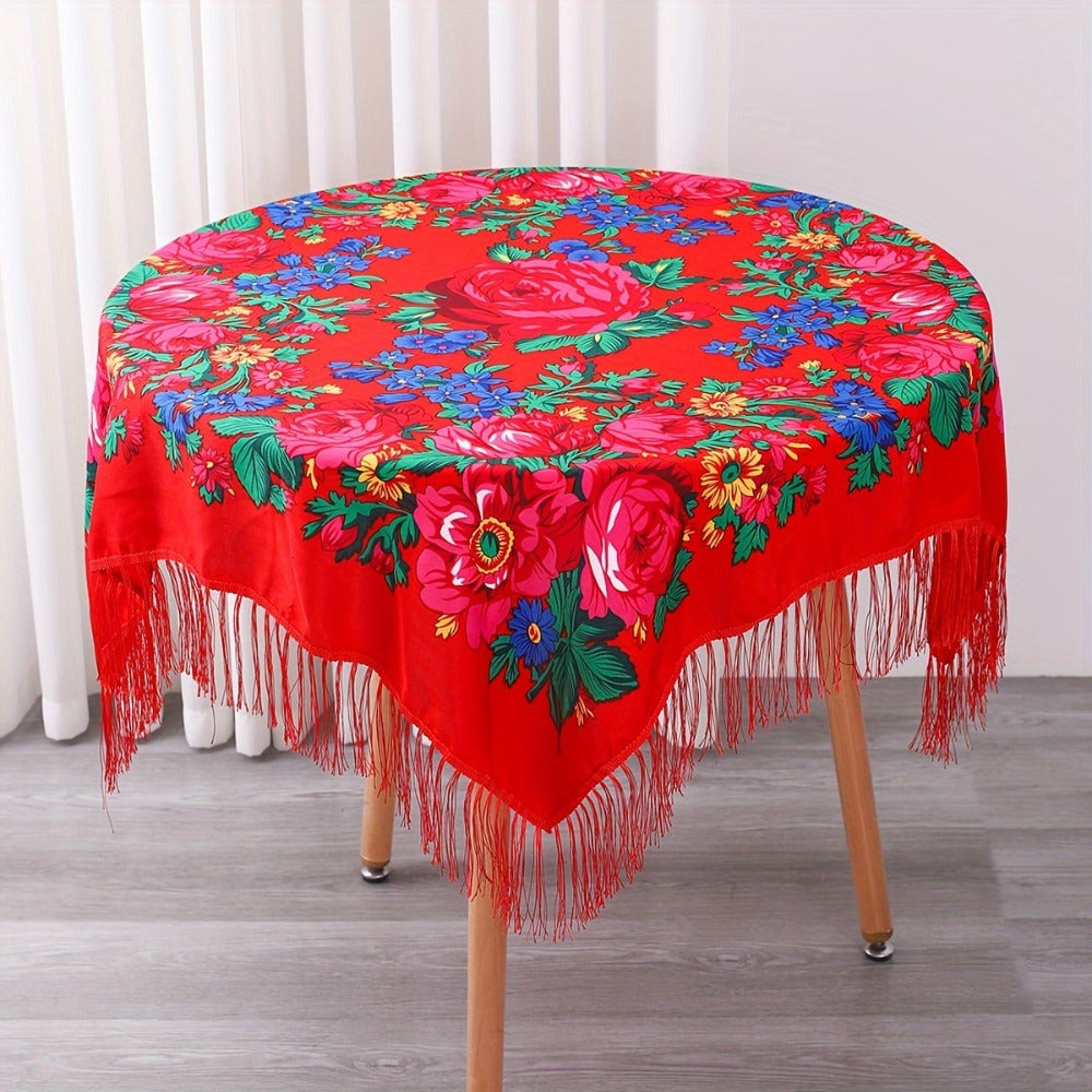 Tablecloth Square 53-Inch Floral Cover with Tassel Trim, Polyester Fabric and Six Color Options