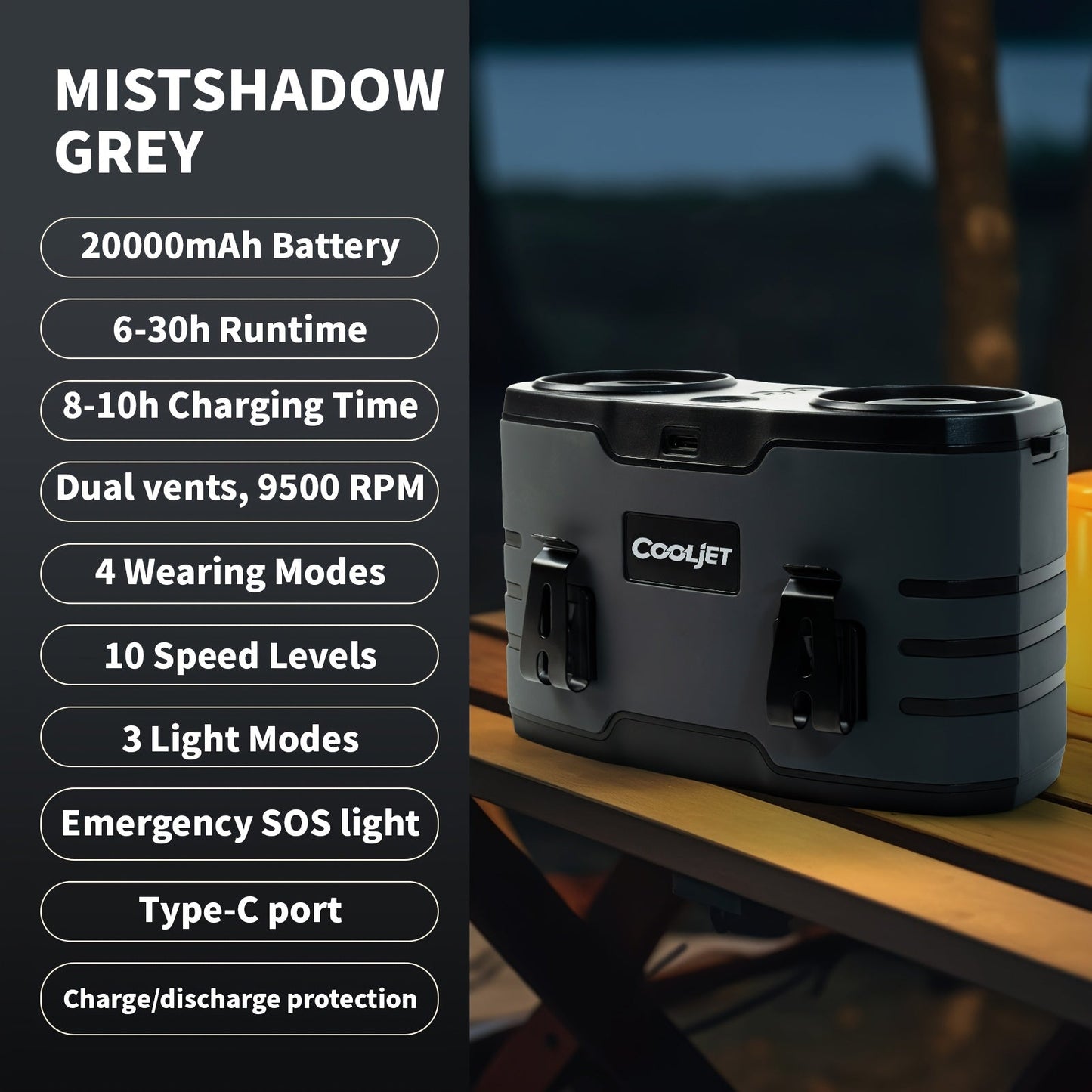 Wearable Waist Fan with 20000mAh Battery, Dual Vents, 10 Settings, Display and Two Color Options