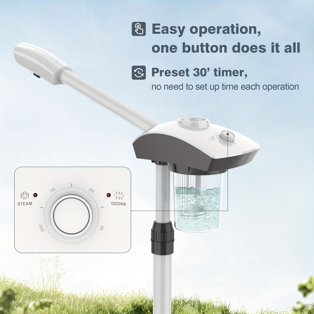 Rolling Facial Steamer with White Five-Wheel Stand, Removable 250 ml Tank and Preset Timer Controls