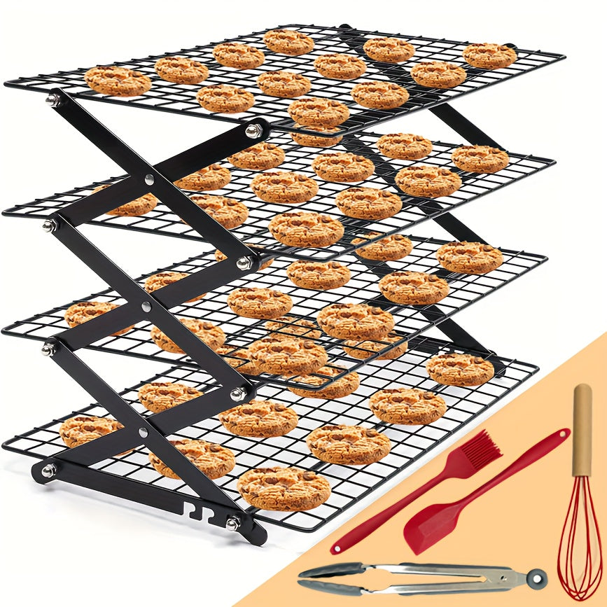 Foldable Cooling Rack Set – Stackable Oven Cookie Cake Drying Rack with Free Baking Tools (Silicone Spatula, Egg Beater, Tongs, Brush) | 3/4/5 Tier Options for Kitchen, Camping & Holiday Baking