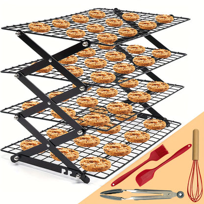Foldable Cooling Rack Set – Stackable Oven Cookie Cake Drying Rack with Free Baking Tools (Silicone Spatula, Egg Beater, Tongs, Brush) | 3/4/5 Tier Options for Kitchen, Camping & Holiday Baking