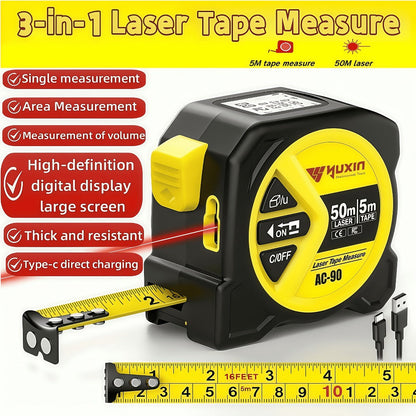 Laser Tape Measure 3-in-1 Digital Distance Meter 50M 165ft High Precision Infrared Rangefinder Smart HD Display USB Charging M In Ft Unit Switching Portable Measuring Tool