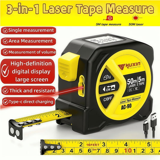 Laser Tape Measure 3-in-1 Digital Distance Meter 50M 165ft High Precision Infrared Rangefinder Smart HD Display USB Charging M In Ft Unit Switching Portable Measuring Tool