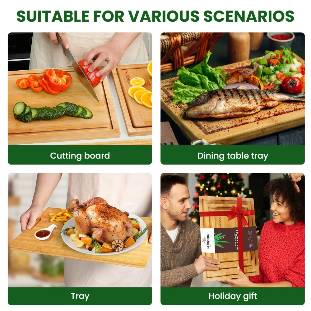 Four-Piece Bamboo Cutting Board Set with Graduated Sizes, Juice Grooves and Storage Rack Included