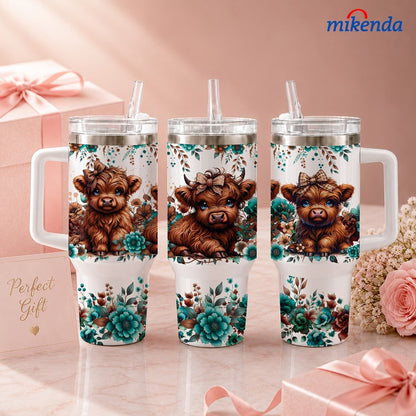 Insulated Tumbler 16oz or 40oz-2 Highland Cow Floral Graphic in 304 Stainless Steel Vacuum Design