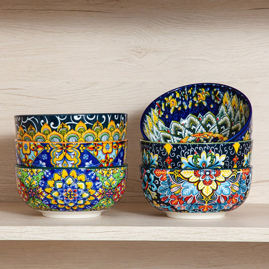 Cereal Bowl Set of 6 Bohemian Style 26oz – Colorful Ceramic Bowls for Cereal Soup Oatmeal Salad Ice Cream Pasta Microwave Dishwasher Safe Boho Kitchen Decor Gift for Home