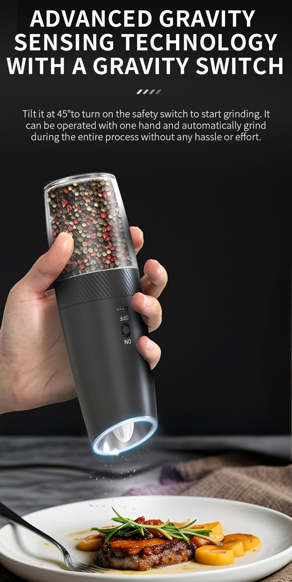 Gravity-Activated Electric Spice Grinder with LED Ring, Adjustable Grind and USB-C or Two-Piece Options
