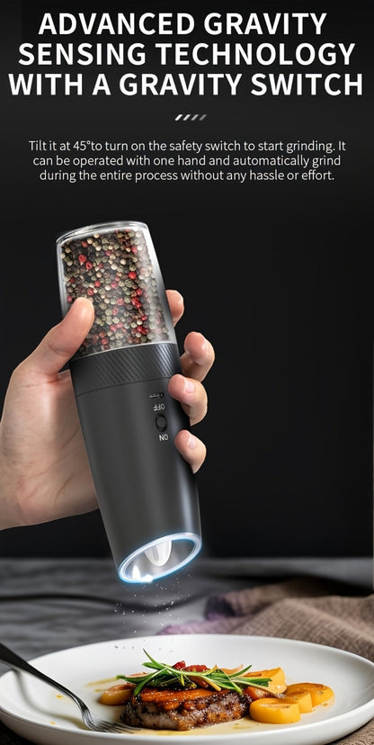 Gravity-Activated Electric Spice Grinder with LED Ring, Adjustable Grind and USB-C or Two-Piece Options