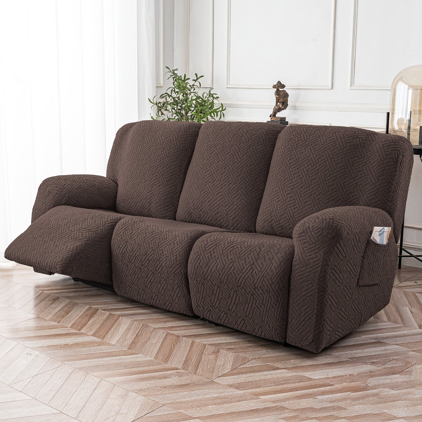 Slipcover Set, Eight-Piece Jacquard Stretch Cover for Three-Seat Recliner with Side Pocket in Nine Colors