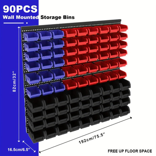 Wall Mounted Storage Bin Rack System – Heavy Duty Small Parts Organizer for Screws, Nuts, Bolts & Nails | Stackable Garage Workshop Tool Storage Rack | 30/60/90 Bins Hardware Organizer
