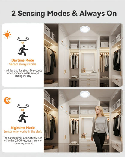 Wireless LED Ceiling Light with Motion Sensor 2 Pack - 5500mAh Rechargeable, Remote Control, 3 Brightness Modes, Magnetic Mount, No Wiring for Living Room, Kitchen, Bathroom, Hallway & Corridor
