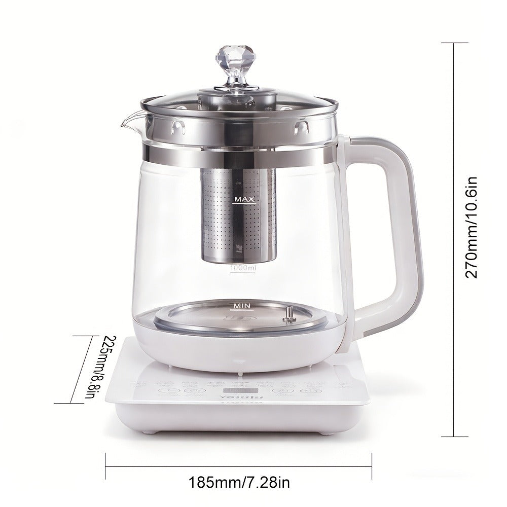 Multifunctional Electric Kettle 1.8L – Thick Glass Health Kettle with 18 Smart Functions, Boil Water, Make Coffee, Cook Porridge & Steam Eggs, Removable Filter, Tea Set Included, US Plug – White