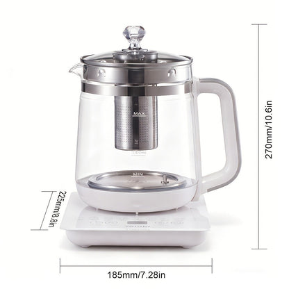 Multifunctional Electric Kettle 1.8L – Thick Glass Health Kettle with 18 Smart Functions, Boil Water, Make Coffee, Cook Porridge & Steam Eggs, Removable Filter, Tea Set Included, US Plug – White