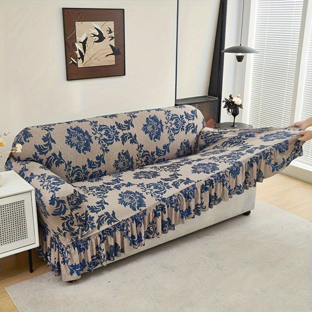 Sofa Slipcover, Dark Blue Stretch Cover with Ruffle Skirt, Fixed Rod and One-to-Four-Seat Options