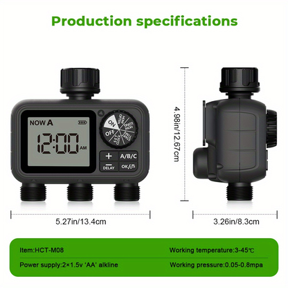 3-Zone Sprinkler Timer with Auto/Manual/Rain Delay Modes – Programmable Garden Hose Irrigation Controller, LCD Display, IPX5 Waterproof