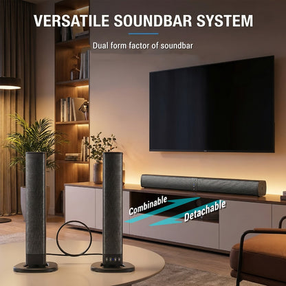 2-in-1 Detachable Wireless Soundbar for Smart TV – Surround Sound Bar with Bluetooth, RCA & AUX, Volume Control, Compatible with TV, PC, Gaming & Projectors