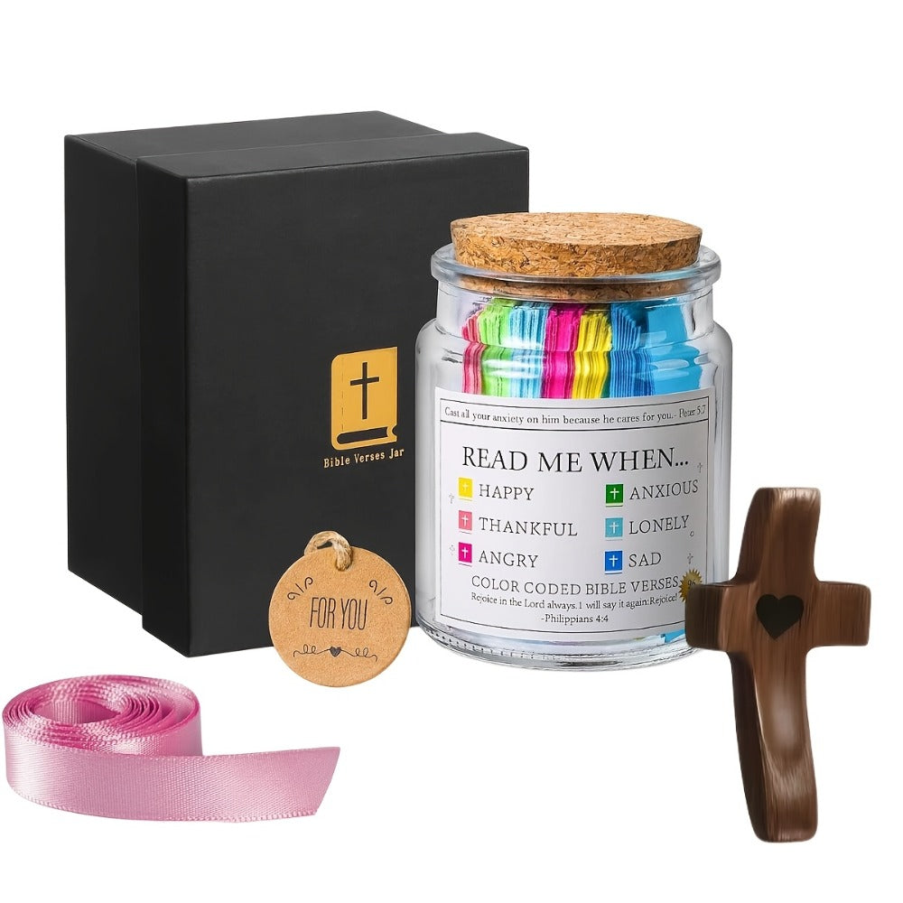 Bible Verse Jar Gift Set with Wooden Cross, Color-Coded Scripture Cards and Two Exact Configurations