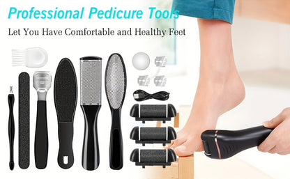 14-in-1 Rechargeable Electric Foot File Kit with Three Roller Heads and Three Color Options