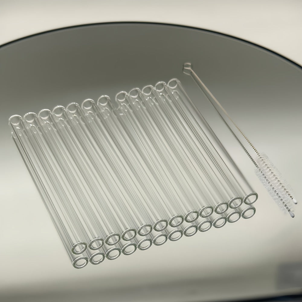 12-Pack Reusable Borosilicate Glass Straw Set with Cleaning Brushes in 6 or 8 Inch Lengths for Drinks