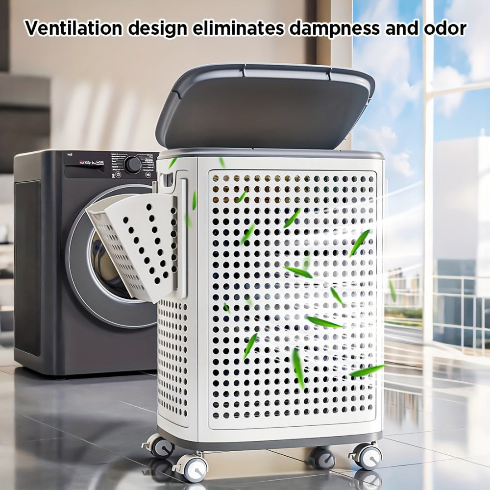 Large Wheeled Laundry Hamper with Foldable Basket, Side Pockets, Lid and Exact Basket-and-Wheels Option