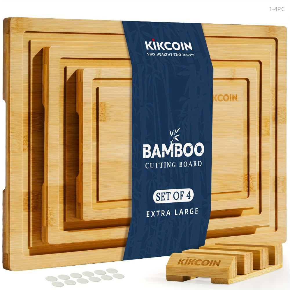 Bamboo Cutting Board Set with Storage Rack & Juice Groove | 4-Piece Kitchen Chopping Board for Vegetables Meat Fruits Bread Cheese | Eco-Friendly Wood Cutting Boards | Perfect Kitchen Gift Set
