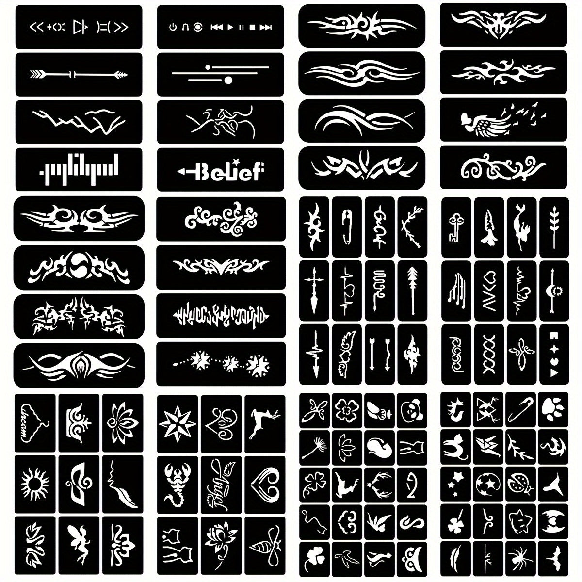 DIY Tattoo Stencils Set 12 Sheets Hollow Design Templates | Reusable Body Art Kit for Arm Ankle Ear Wrist | Waterproof Compatible with Juice Paste Freehand Ink Henna | Unisex Home Party Tattoo Kit