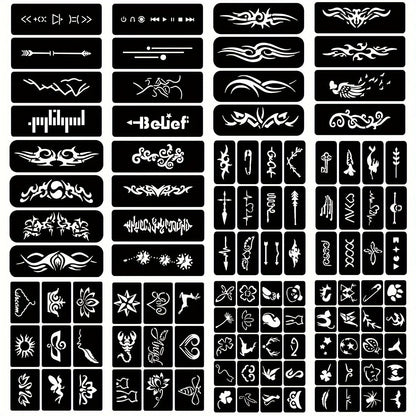 DIY Tattoo Stencils Set 12 Sheets Hollow Design Templates | Reusable Body Art Kit for Arm Ankle Ear Wrist | Waterproof Compatible with Juice Paste Freehand Ink Henna | Unisex Home Party Tattoo Kit