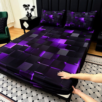 Fitted Sheet Set 3pcs Plaid Digital Print Deep Pocket 15" All Season Bed Sheet + 2 Pillowcases No Filling Twin Full Queen King