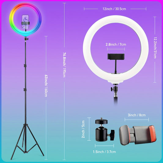RGB Ring Light 12 Inch Dimmable with 63 Inch Adjustable Tripod USB Powered Phone Stand Gimbal Clamp for Makeup Live Streaming Selfie Photography TikTok YouTube Portable