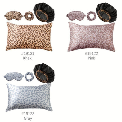 Four-Piece Leopard Print Pillowcase and Sleep Accessory Set with Three Exact Standard-Size Patterns