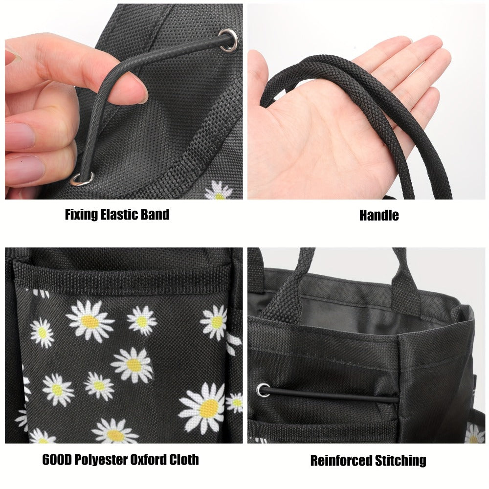 Multi-Pocket Garden Tool Organizer Tote with Daisy Pattern and Black or Gray Checkout Color Options