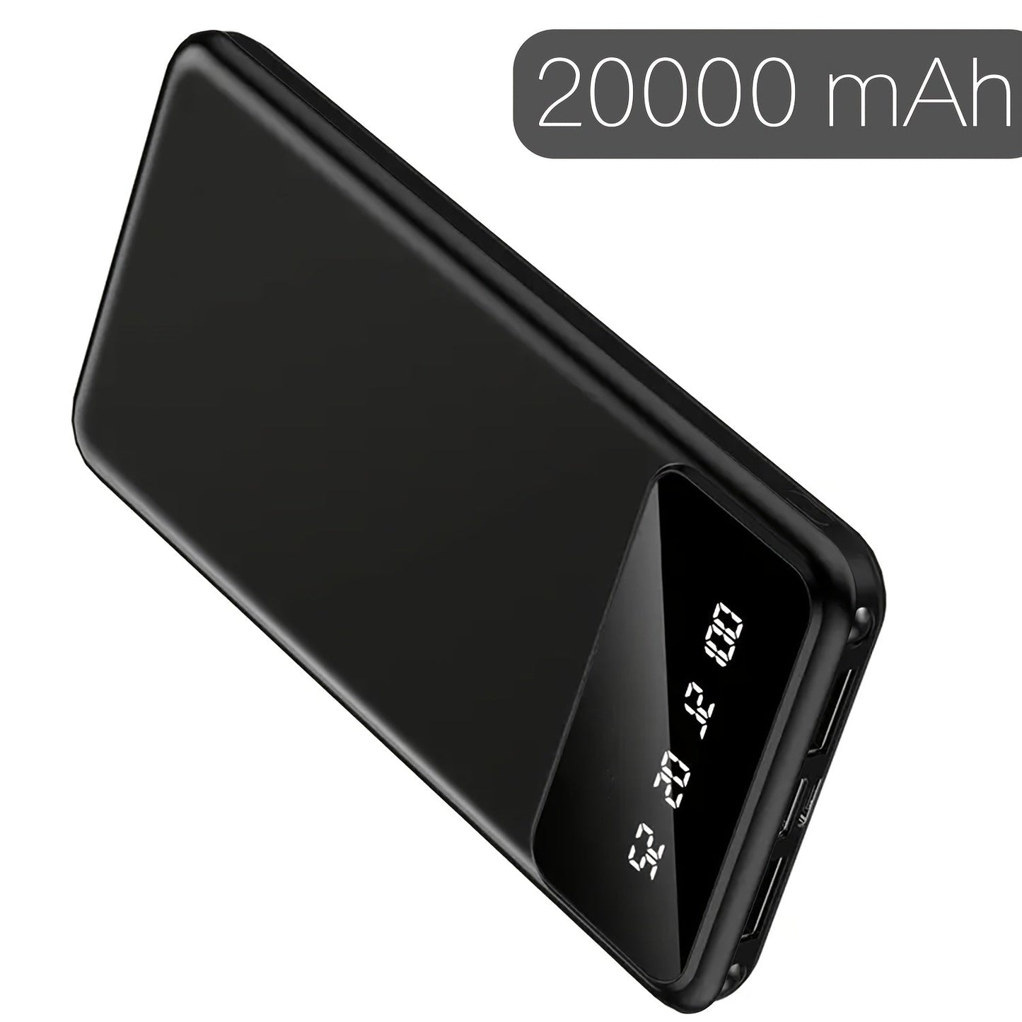 Power Bank 20000mAh Dual USB with Type-C and Micro USB Inputs, 5V/2.1A and LED Display in Black or White