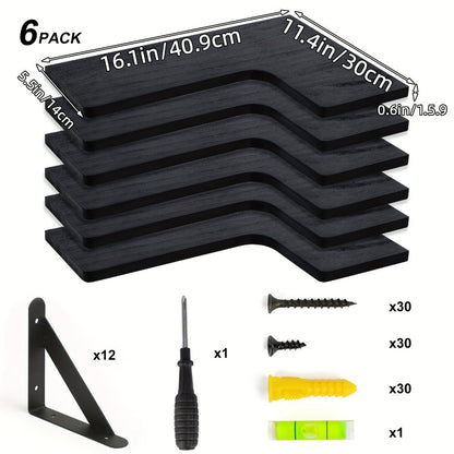 Corner Wall Shelf Set with L-Shaped Boards, Metal Brackets, Five- or Six-Piece Options and Seven Finishes