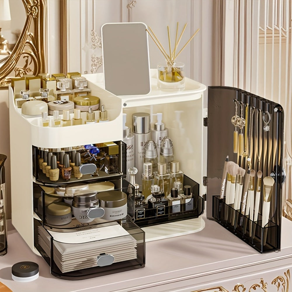 Three-Drawer Makeup Organizer with Mirror in Transparent Black or Cream White Large Checkout Options