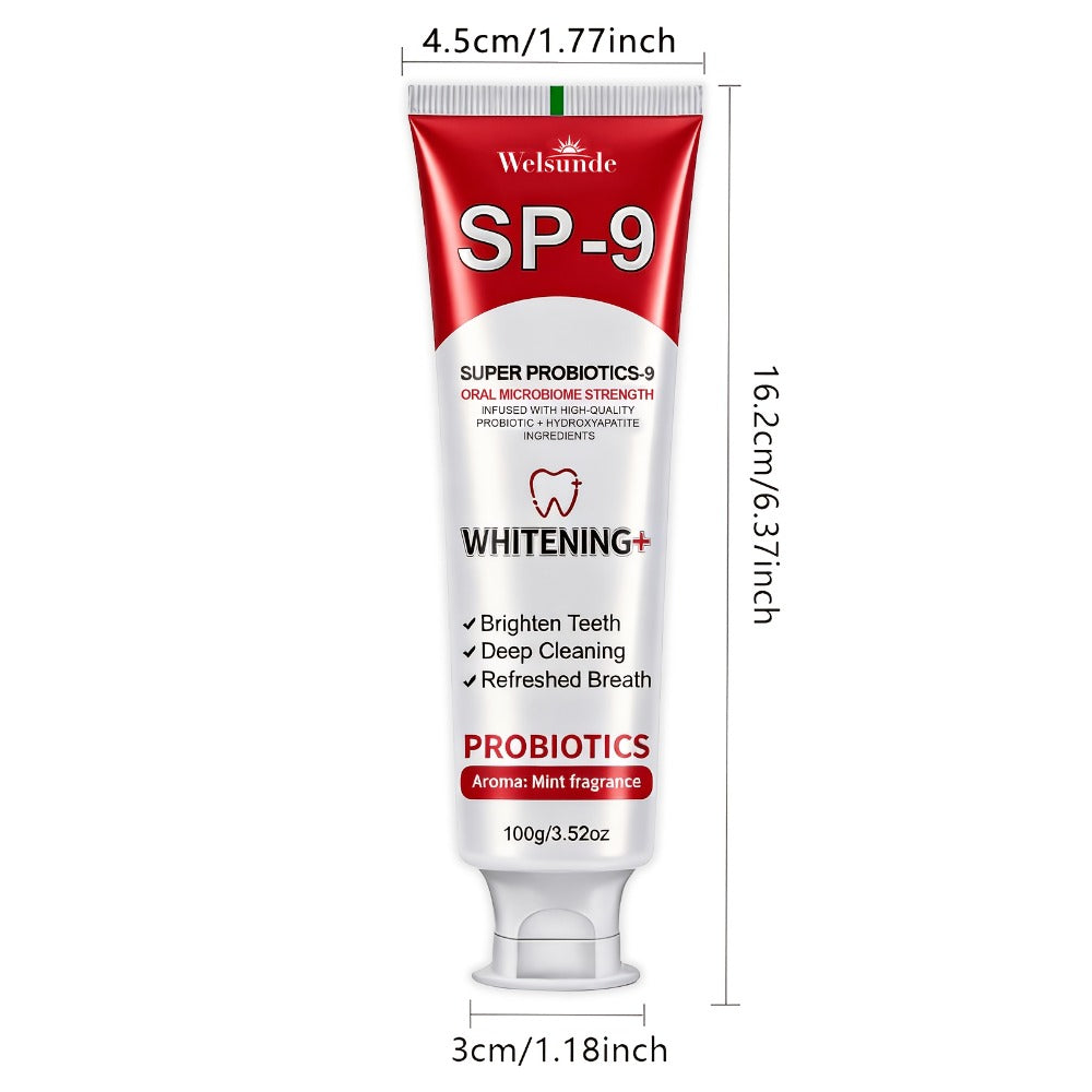 100g Mint SP-9 Toothpaste Tube with Probiotics Complex and Hydroxyapatite Highlighted on Label