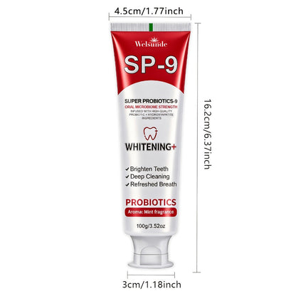 100g Mint SP-9 Toothpaste Tube with Probiotics Complex and Hydroxyapatite Highlighted on Label