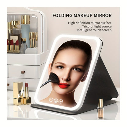 Makeup Mirror Foldable LED Travel Stand with Three Light Colors, Touch Dimming, USB Charging and Pink or White Options