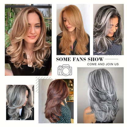 Synthetic Wig 18-Inch Layered Silvery Waves with Highlights in Two Colors and Rose Net Cap