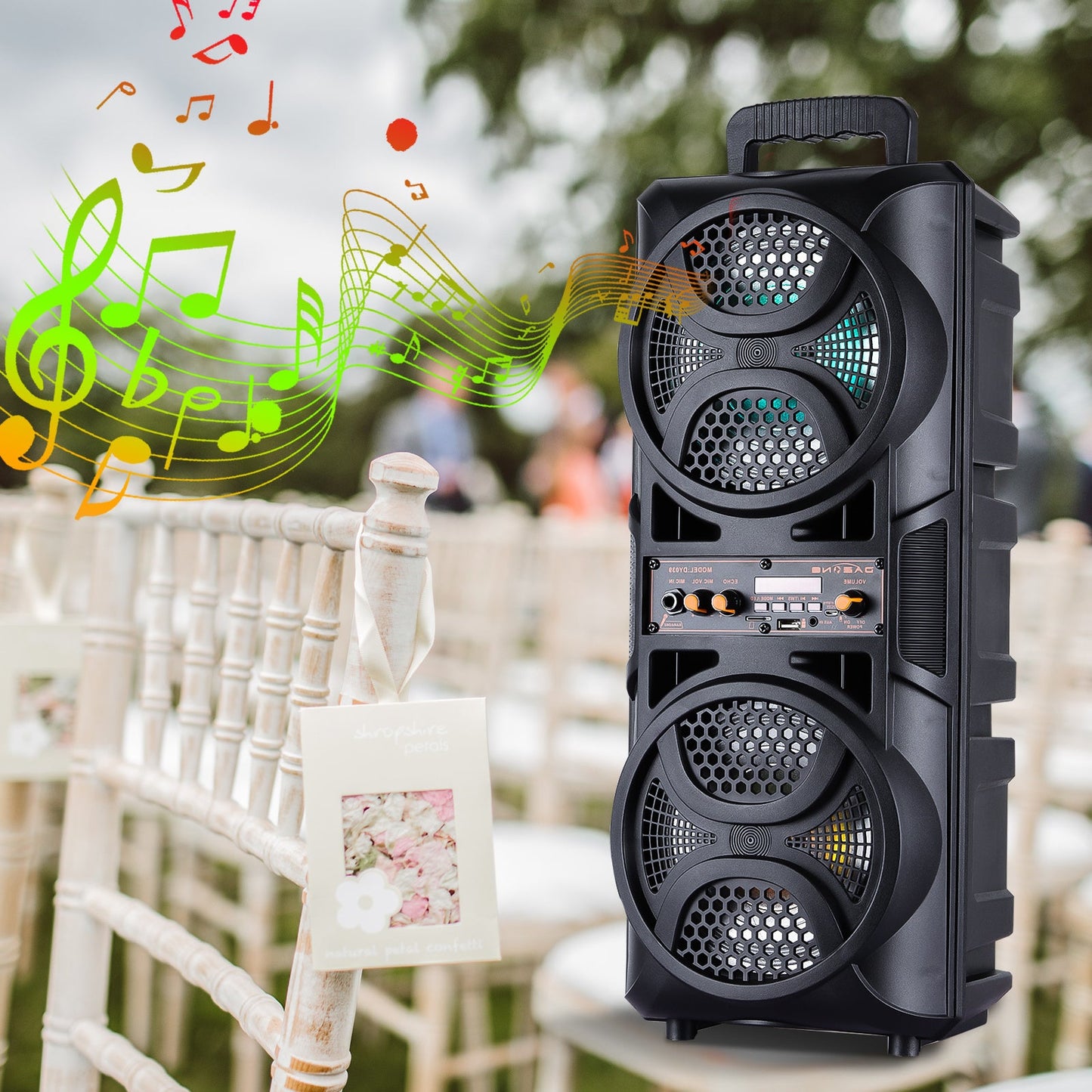 Portable PA Speaker Dual-Woofer RGB Karaoke System with 1800mAh Battery, Wired Mic and Remote