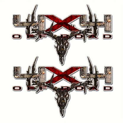 Two-Piece Hunting Skull Truck Decal Set with Antlers, Crossed Arrows and Red Center Accent