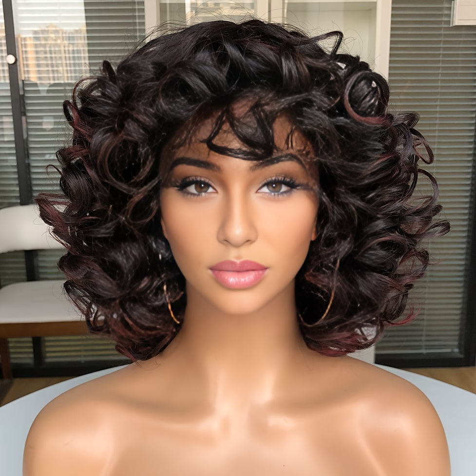 Synthetic Wig 14-Inch Jerry Curls with Wispy Bangs and 13x1 Lace Front in Three Colors for Daily Styling