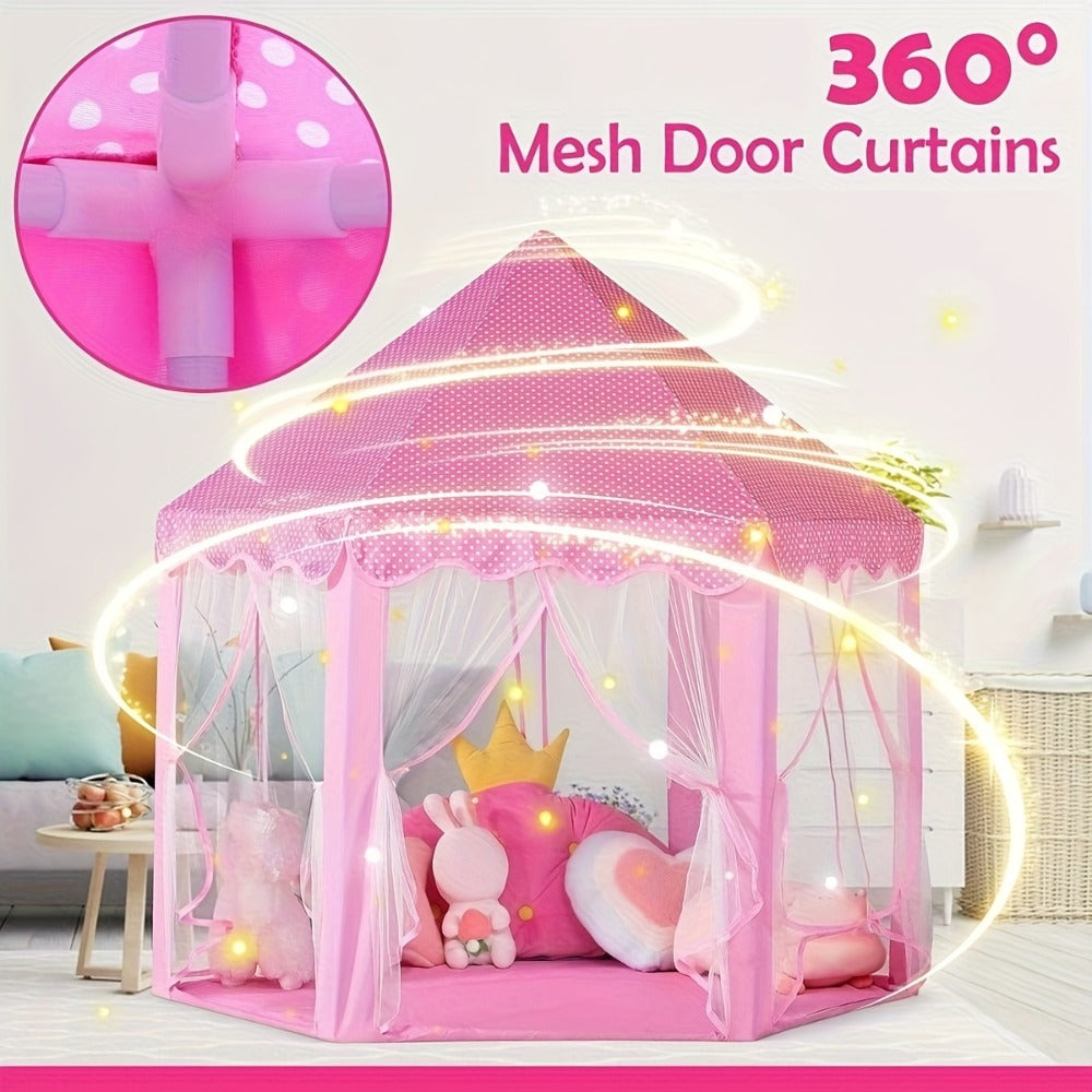 Pink Hexagonal Princess Play Tent with Sheer Mesh Door, Flower Print, 48-Inch Base and 52-Inch Height