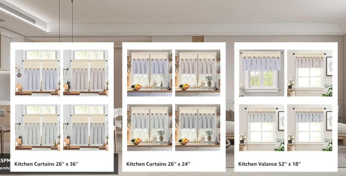 Semi Sheer Curtains Bohemian Linen Cotton Patchwork Grommet Top Window Drapes for Bedroom Living Room Kitchen Bathroom Cafe - Boho Country Cottage Style 4 Seasons 1 or 2 Panels
