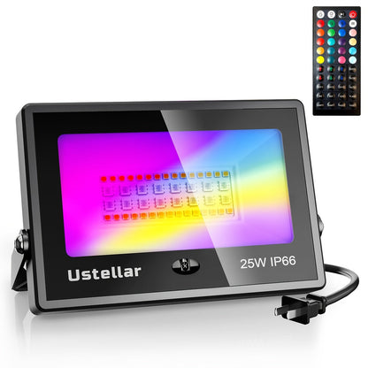 RGB LED Flood Light 25W Outdoor Color Changing - 1000 DIY Colors, 44-Key Remote, Strobe & Fade Modes, Memory Function, Multi-Pack for Party, Stage, Garden, Halloween & Christmas Uplighting
