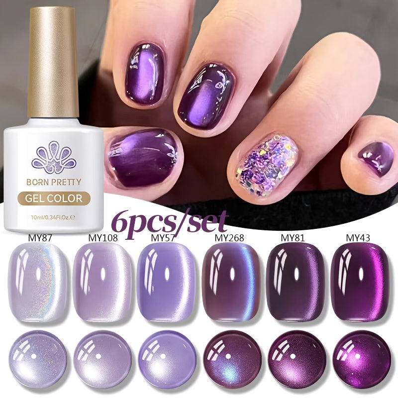 Cat Eye Gel Nail Polish Set 6 Colors Purple – Magnetic Soak Off UV LED Gel Polish 10ml Each, Ultra-Bright Cat Eye Effect, Long Lasting 30 Days, Nail Art Gel for Women Salon Home DIY
