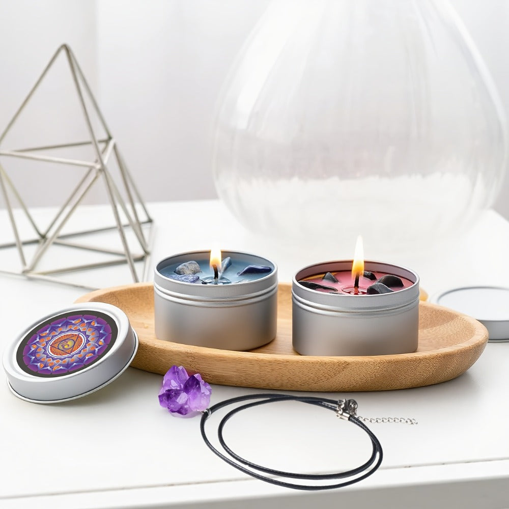 Seven-Piece Color Candle Gift Box with Crystal-Style Pendant Necklaces and Pictured 2.2 oz Tins